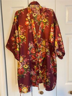 Floral Satin Kimono Robe in Rich Burgundy